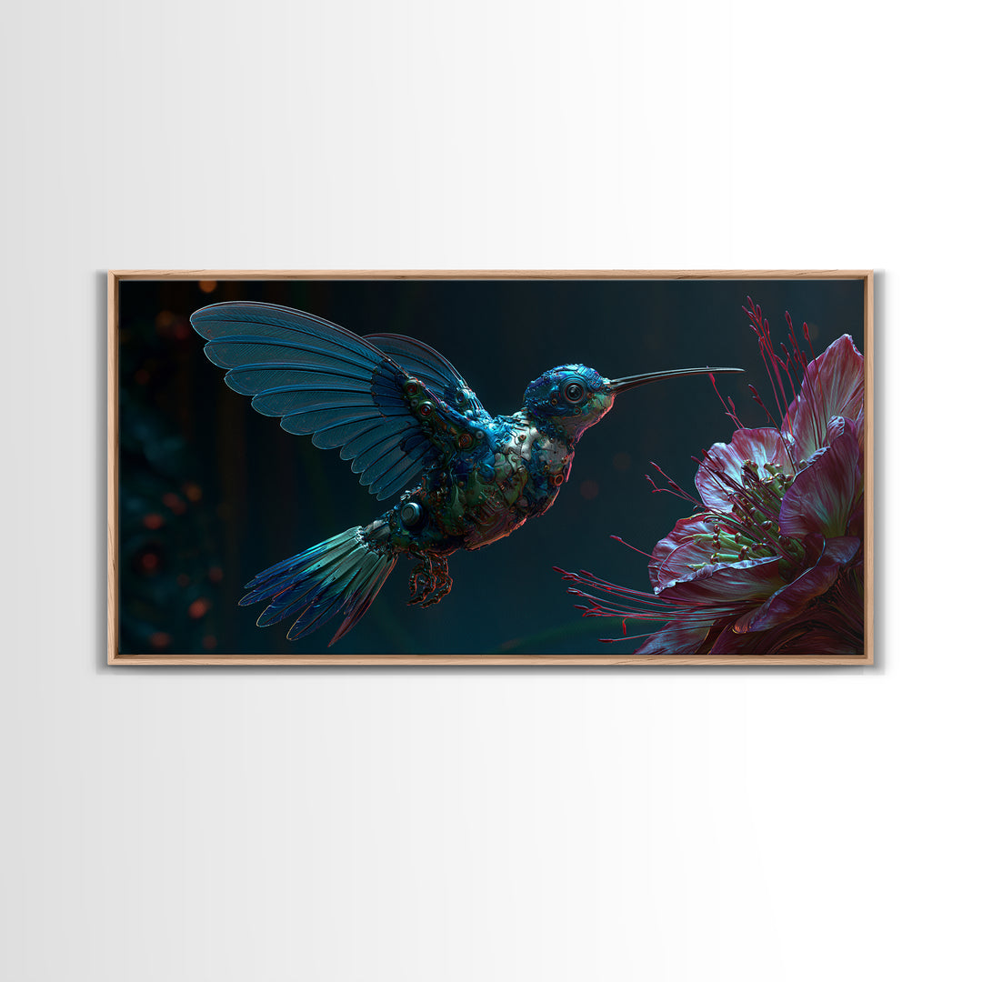 Mechanical Hummingbird Hovering Near Flower Canvas Print, Steampunk Art, Original Art, Living Room Decor, Mechanic, Dark Art, STE-2x1-29