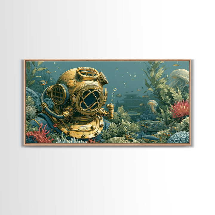 Brass Diving Helmet Canvas Print, Steampunk Art, Wall Art, Living Room Decor, Oil Painting, Mechanic, Ai Art, Digital Print, STE-2x1-32