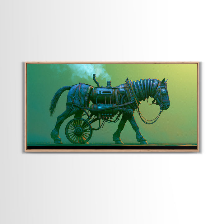 Steam Powered Horse Framed Canvas Print, Steampunk Art, Wall Art, Living Room Decor, Oil Painting, Mechanic, Ai Art, STE-2x1-35