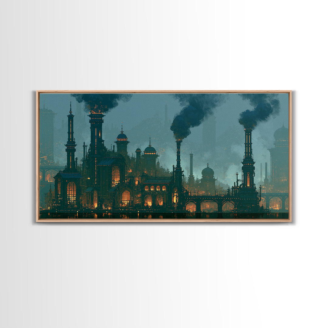 Steam Powered City Skyline Canvas Print, Steampunk Art, Digital Art, Living Room Decor, Abstract Art, Mechanic, Wall Art Print, STE-2x1-41