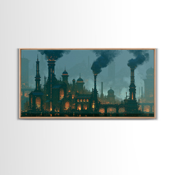 Steam Powered City Skyline Canvas Print, Steampunk Art, Digital Art, Living Room Decor, Abstract Art, Mechanic, Wall Art Print, STE-2x1-41