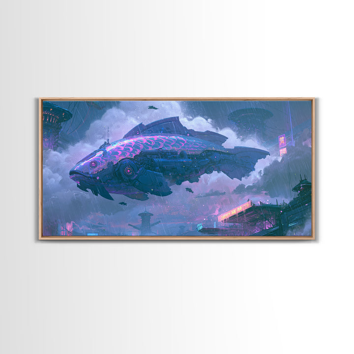 Mechanical Fish Swimming Through Clouds Framed Canvas Print, Steampunk Art, Room Decor, Living Room Decor, Fine Art, Mechanic, STE-2x1-42