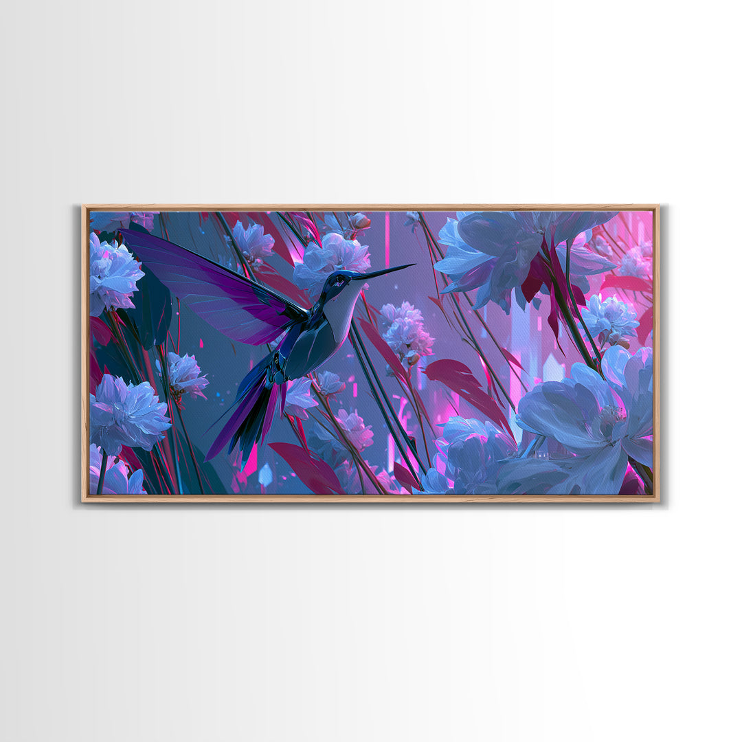 Mechanical Hummingbird Hovering Near Flower Canvas Print, Steampunk Art, Original Art, Living Room Decor, Mechanic, Dark Art, STE-2x1-5