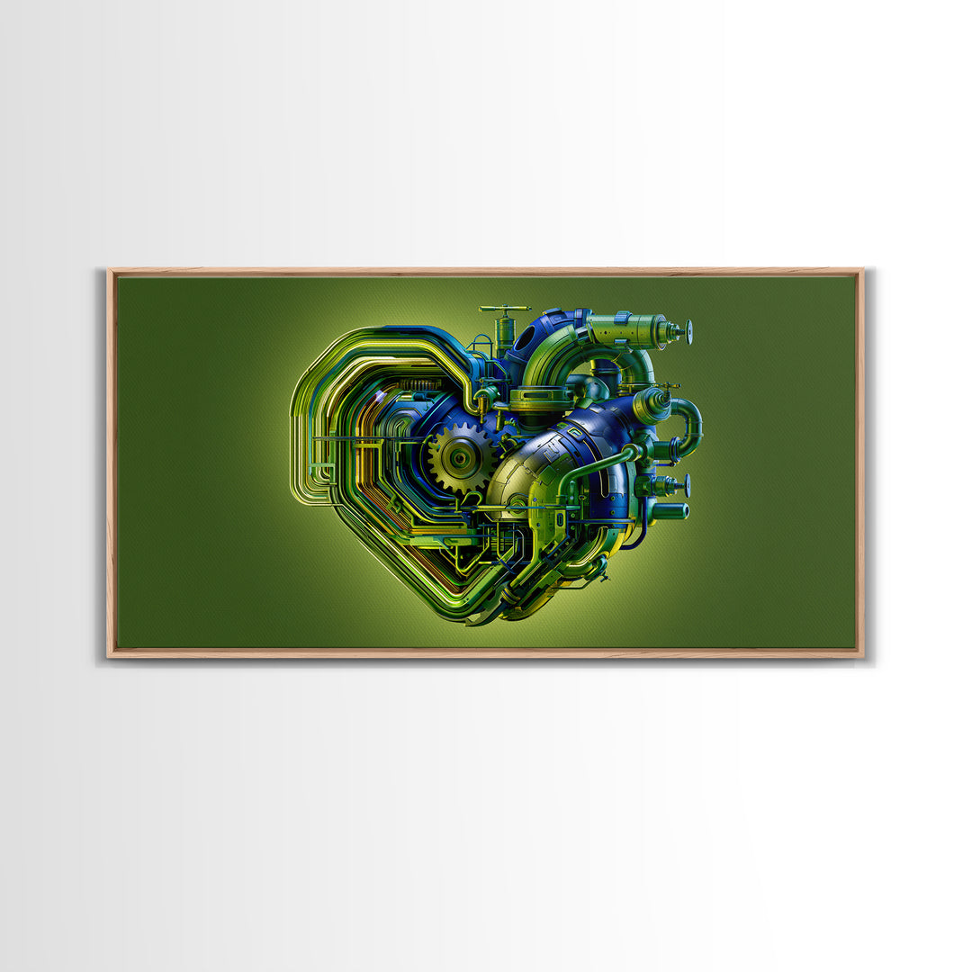 Gear Heart with Pipes and Valves Framed Canvas Print, Steampunk Art, Digital Print, Living Room Decor, Fine Art, Mechanic, STE-2x1-88