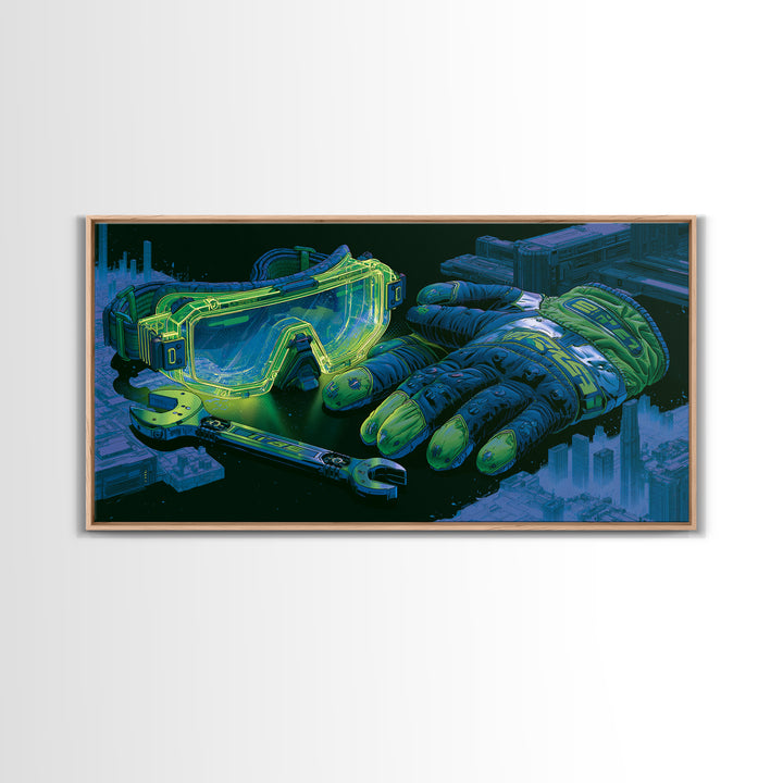 Goggles Gloves and Wrench Still Life Framed Canvas Print, Steampunk Art, Abstract Art, Living Room Decor, Fine Art, Mechanic, STE-2x1-91