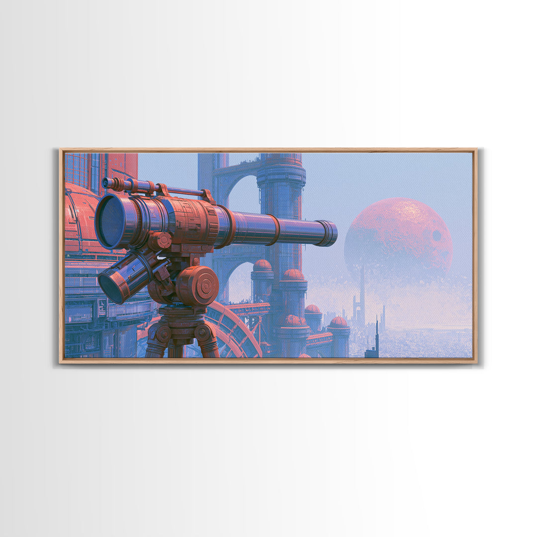 Brass Telescope Aimed at Copper Moon Framed Canvas Print, Steampunk Art, Printable Art, Living Room Decor, Oil Painting, STE-2x1-92