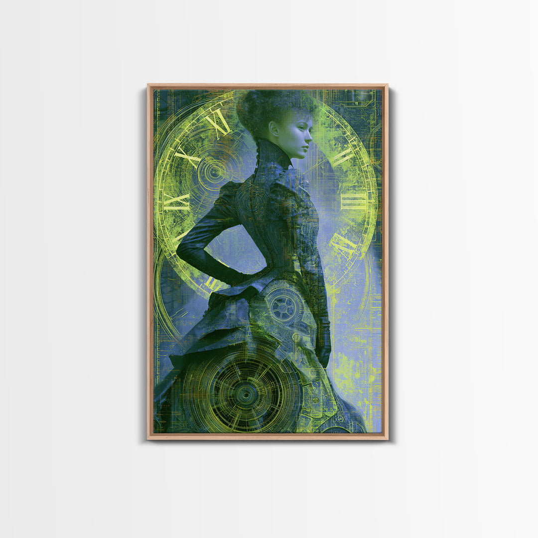Victorian Lady with Clockwork Dress Details Framed Canvas Print, Steampunk Art, Steampunk, Living Room Decor, Mechanic, STE-2x3-1