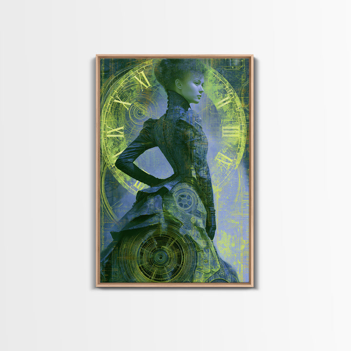 Victorian Lady with Clockwork Dress Details Framed Canvas Print, Steampunk Art, Steampunk, Living Room Decor, Mechanic, STE-2x3-1