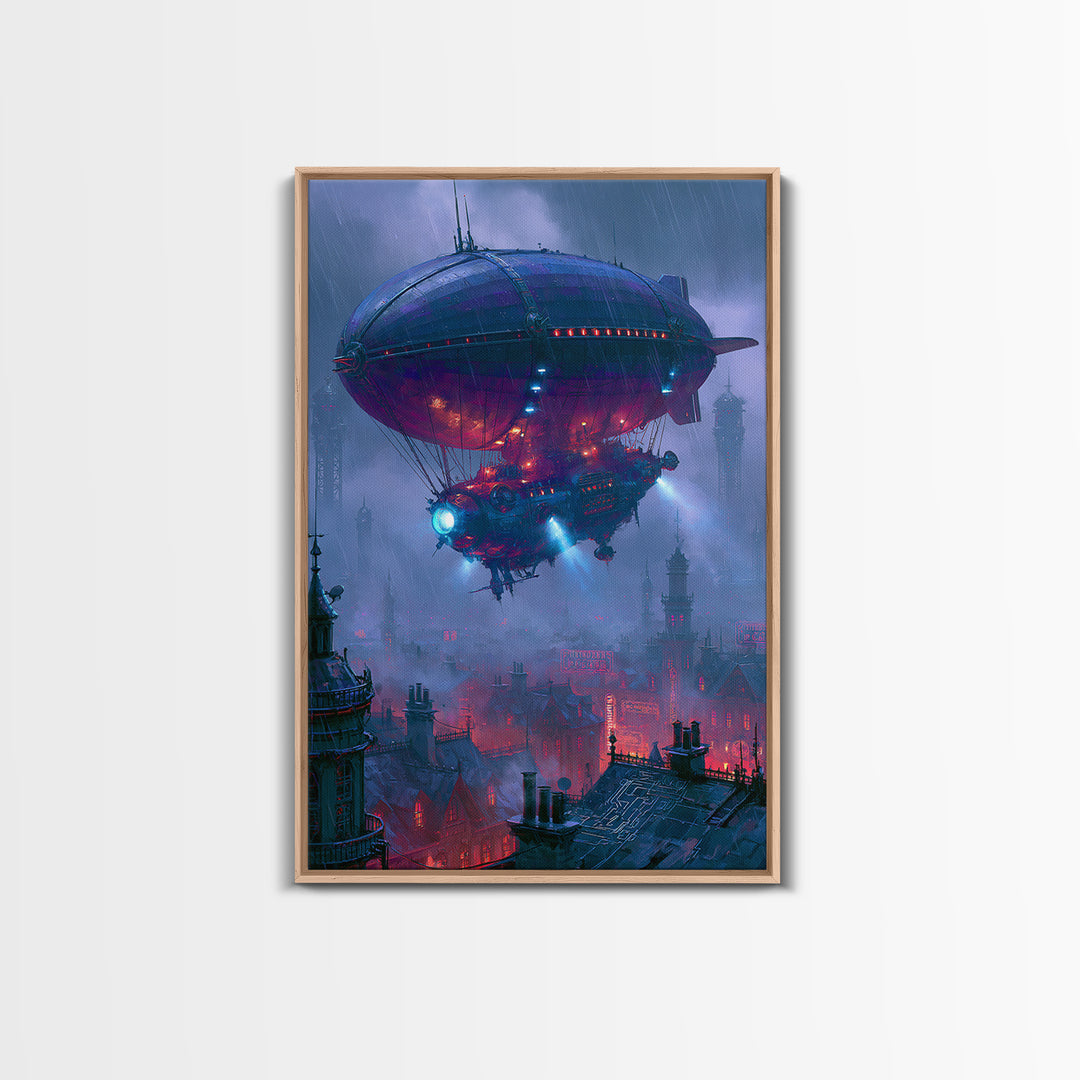 Airship Floating Above Victorian City Roofs Canvas Print, Steampunk Art, Contemporary Art, Living Room Decor, Mechanic, STE-2x3-10