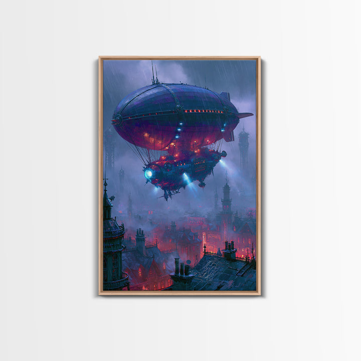 Airship Floating Above Victorian City Roofs Canvas Print, Steampunk Art, Contemporary Art, Living Room Decor, Mechanic, STE-2x3-10