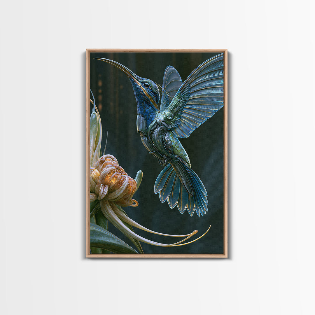 Mechanical Hummingbird Hovering Near Flower Framed Canvas Print, Steampunk Art, Canvas Art, Living Room Decor, Mechanic, STE-2x3-17