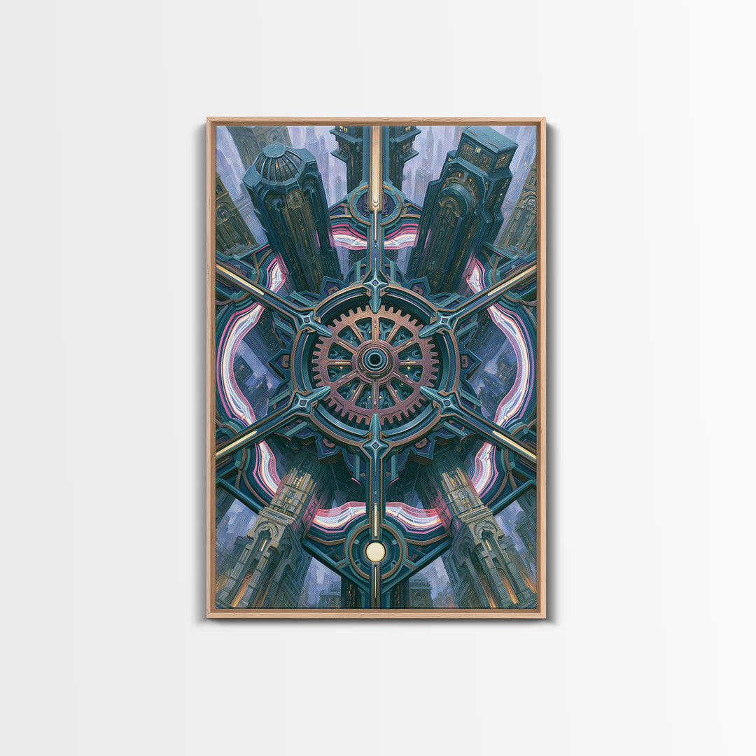Cogwheel Mandala in Bronze and Teal Framed Canvas Print, Steampunk Art, Modern Decor, Living Room Decor, Fine Art, Mechanic, STE-2x3-24
