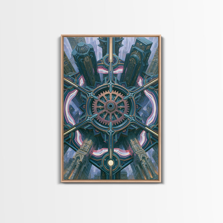 Cogwheel Mandala in Bronze and Teal Framed Canvas Print, Steampunk Art, Modern Decor, Living Room Decor, Fine Art, Mechanic, STE-2x3-24