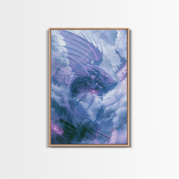 Mechanical Fish Swimming Through Clouds Framed Canvas Print, Steampunk Art, Minimalist Decor, Living Room Decor, Mechanic, STE-2x3-30