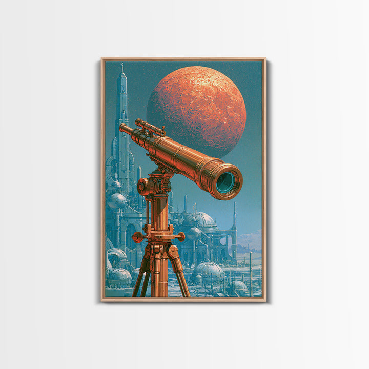 Brass Telescope Aimed at Copper Moon Canvas Print, Steampunk Art, Statement Artwork, Living Room Decor, Fine Art, Mechanic, STE-2x3-32