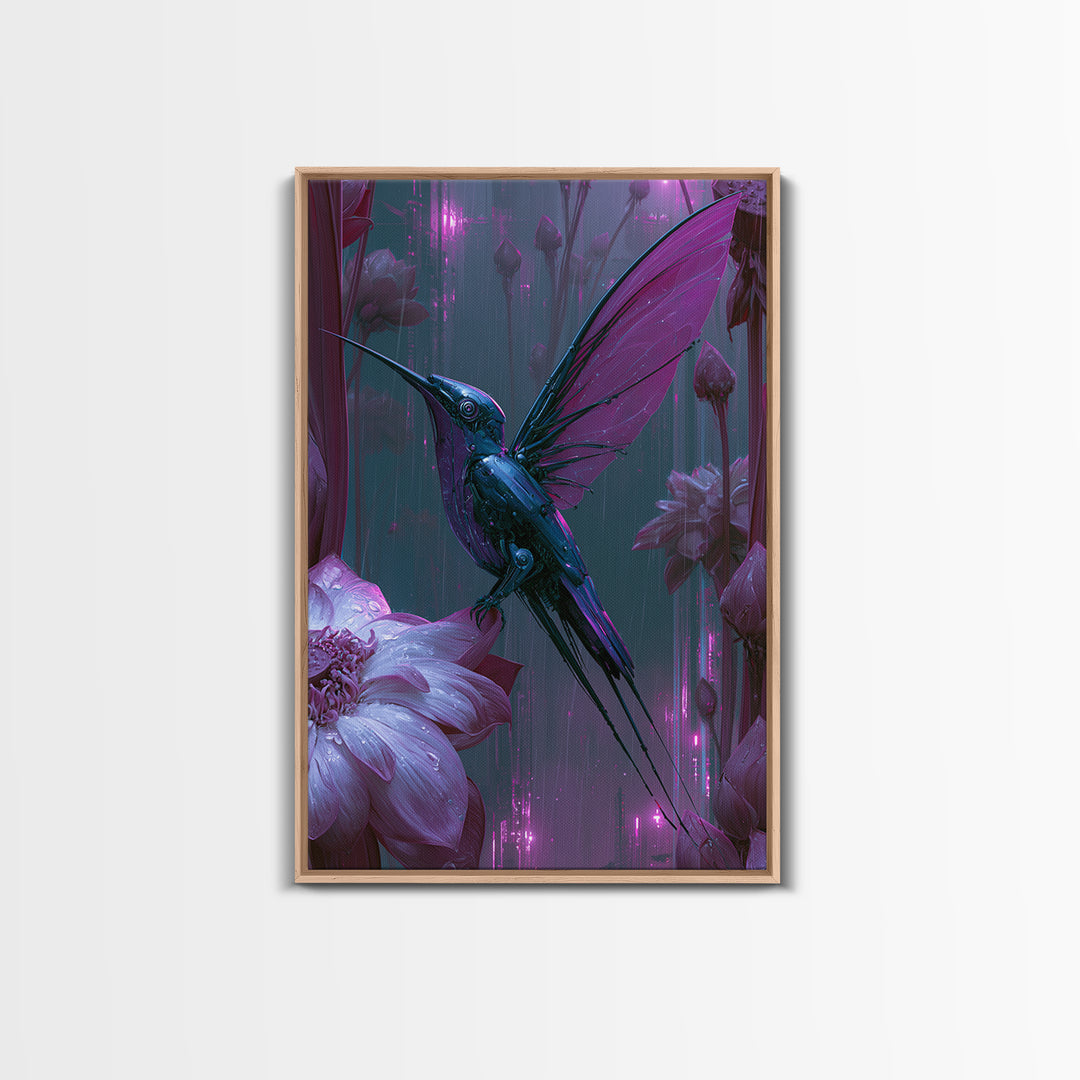 Mechanical Hummingbird Hovering Near Flower Framed Canvas Print, Steampunk Art, Canvas Art, Living Room Decor, Mechanic, STE-2x3-41