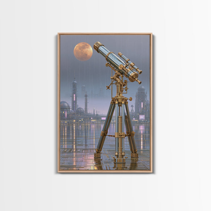 Brass Telescope Aimed at Copper Moon Framed Canvas Print, Steampunk Art, Dark Art, Living Room Decor, Oil Painting, Mechanic, STE-2x3-8