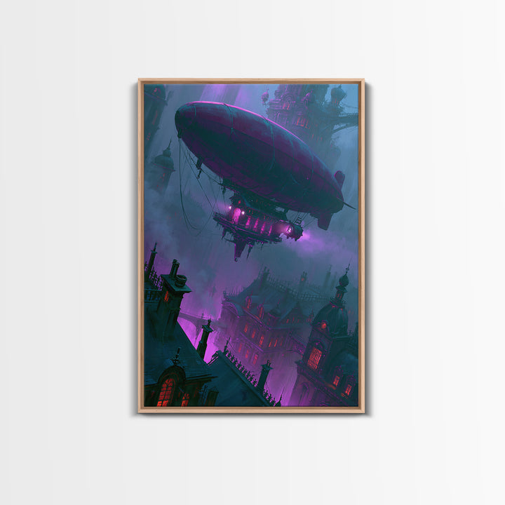 Airship Floating Above Victorian City Roofs Canvas Print, Steampunk Art, Abstract Art, Living Room Decor, Fine Art, Mechanic, STE-2x3-82