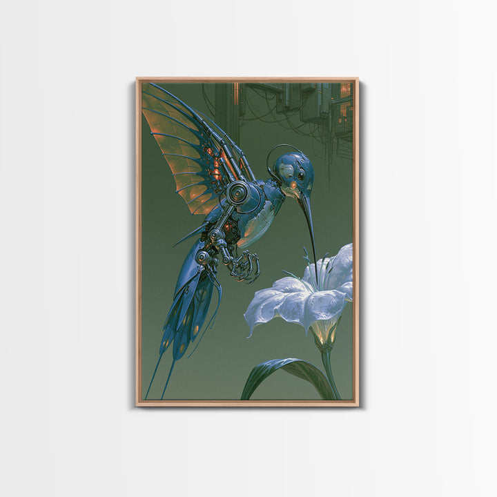 Mechanical Hummingbird Hovering Near Flower Canvas Print, Steampunk Art, Digital Download Art, Living Room Decor, Mechanic, STE-2x3-89