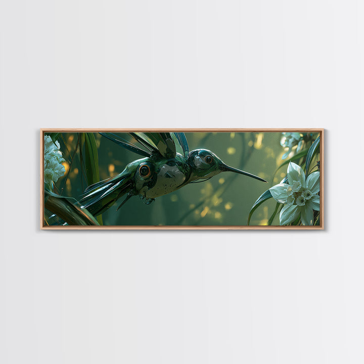 Mechanical Hummingbird Hovering Near Flower Canvas Print, Steampunk Art, Wall Art Living Room, Living Room Decor, Mechanic, STE-3x1-1