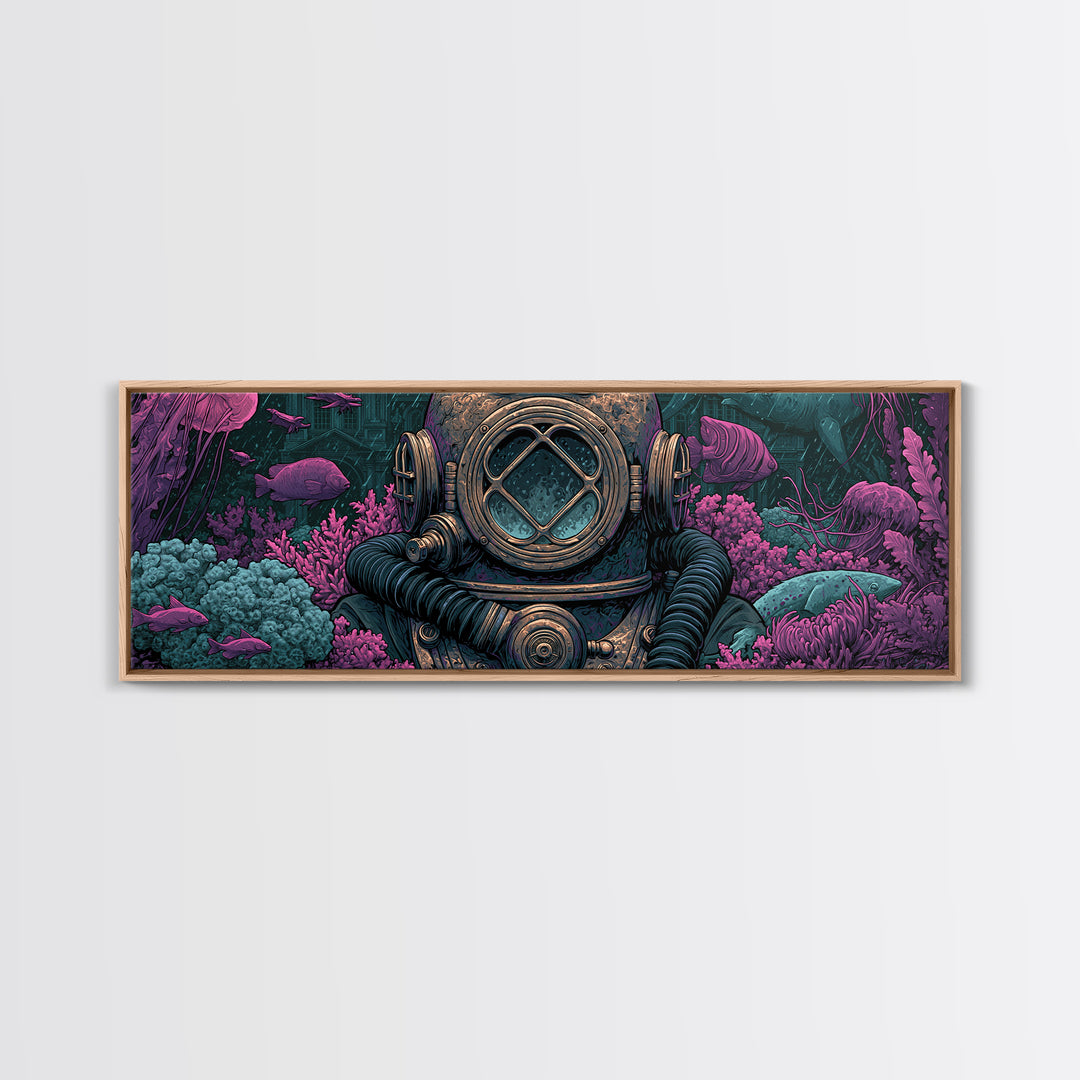 Brass Diving Helmet Framed Canvas Print, Steampunk Art, Dark Art, Living Room Decor, Oil Painting, Mechanic, Minimalist Decor, STE-3x1-28