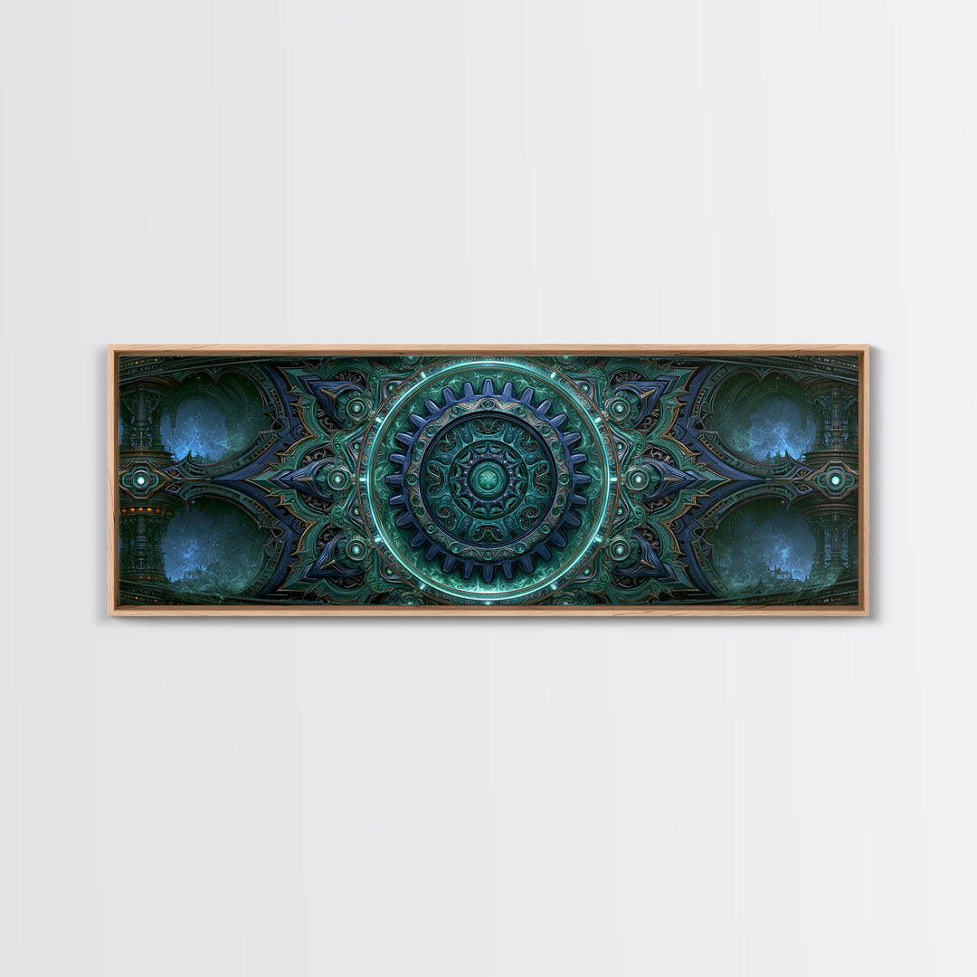 Cogwheel Mandala in Bronze and Teal Framed Canvas Print, Steampunk Art, Abstract Art Print, Living Room Decor, Watercolor Art, STE-3x1-32