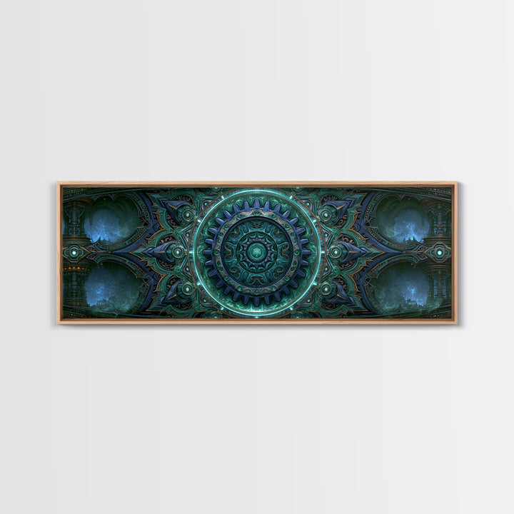Cogwheel Mandala in Bronze and Teal Framed Canvas Print, Steampunk Art, Abstract Art Print, Living Room Decor, Watercolor Art, STE-3x1-32