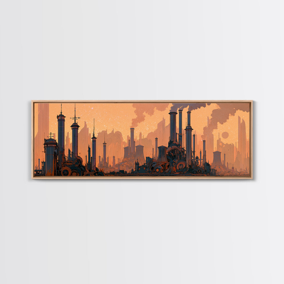 Steam Powered City Skyline Canvas Print, Steampunk Art, Dark Art, Living Room Decor, Abstract Art, Mechanic, Minimalist Decor, STE-3x1-61