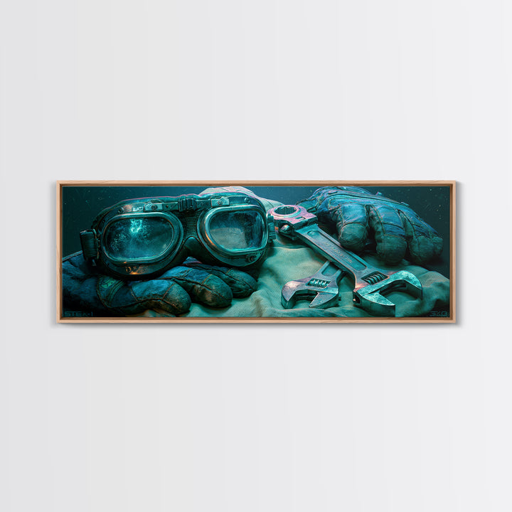Goggles Gloves and Wrench Still Life Framed Canvas Print, Steampunk Art, Contemporary Art, Living Room Decor, Mechanic, STE-3x1-63