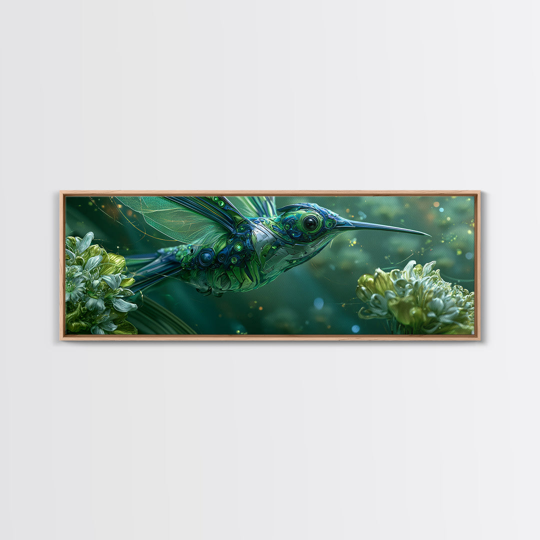 Mechanical Hummingbird Hovering Near Flower Framed Canvas Print, Steampunk Art, Neutral Decor, Living Room Decor, Oil Painting, STE-3x1-73