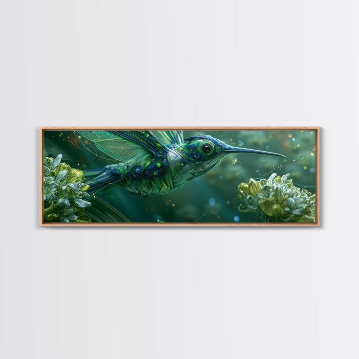 Mechanical Hummingbird Hovering Near Flower Framed Canvas Print, Steampunk Art, Neutral Decor, Living Room Decor, Oil Painting, STE-3x1-73