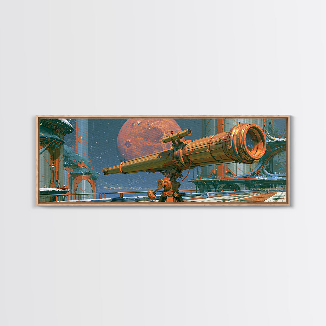 Brass Telescope Aimed at Copper Moon Canvas Print, Steampunk Art, Wall Art, Living Room Decor, Oil Painting, Mechanic, STE-3x1-88