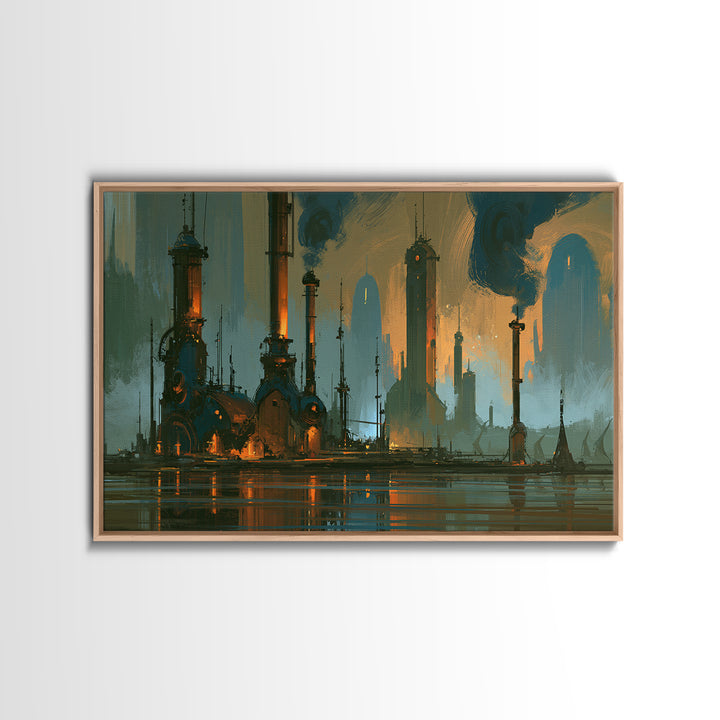 Steam Powered City Skyline Canvas Print, Steampunk Art, Wall Art Living Room, Living Room Decor, Abstract Art, Mechanic, STE-3x2-1