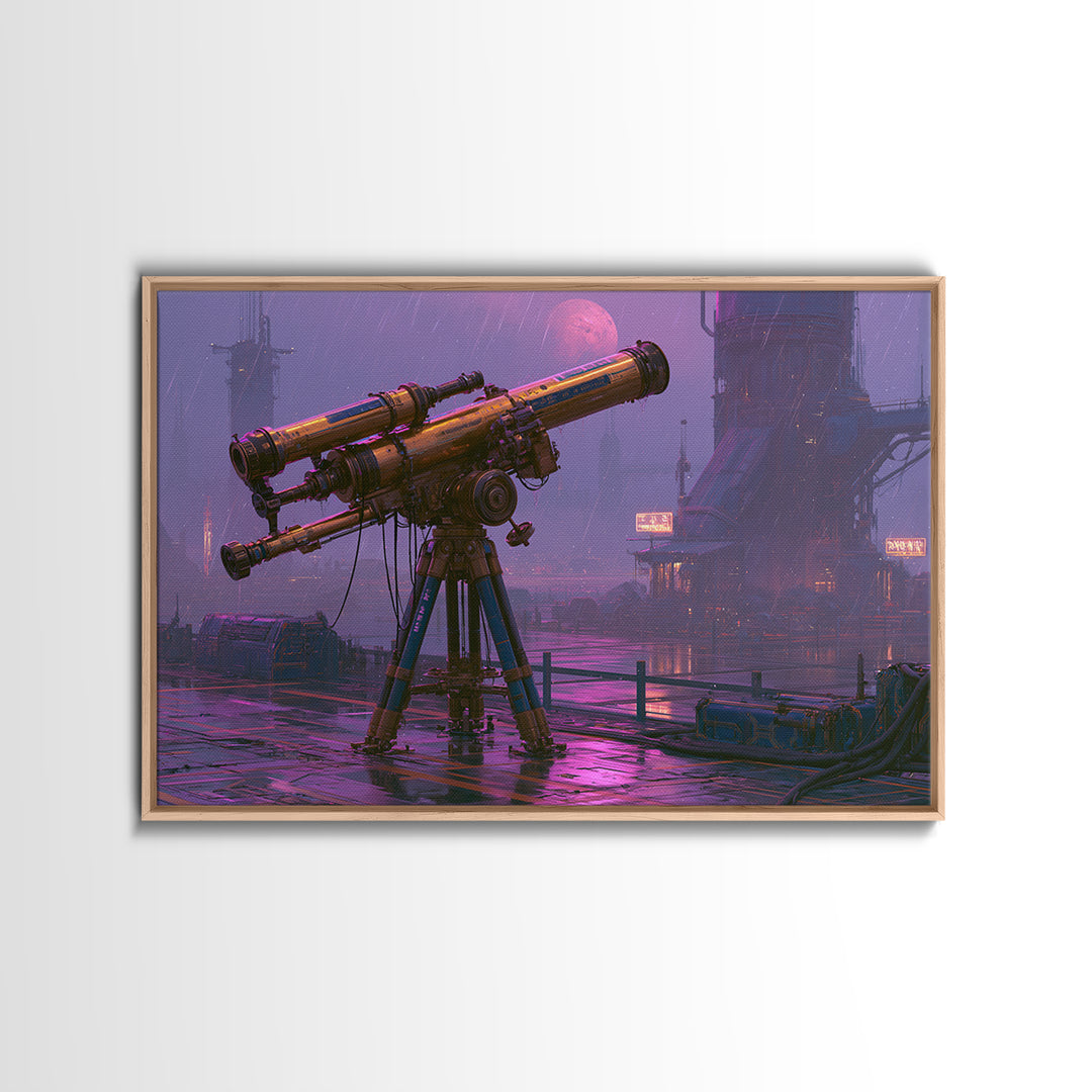 Brass Telescope Aimed at Copper Moon Framed Canvas Print, Steampunk Art, Wall Art, Living Room Decor, Oil Painting, Mechanic, STE-3x2-100