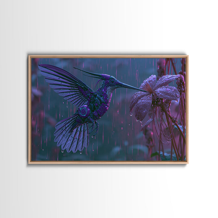 Mechanical Hummingbird Hovering Near Flower Canvas Print, Steampunk Art, Digital Download Art, Living Room Decor, Mechanic, STE-3x2-13