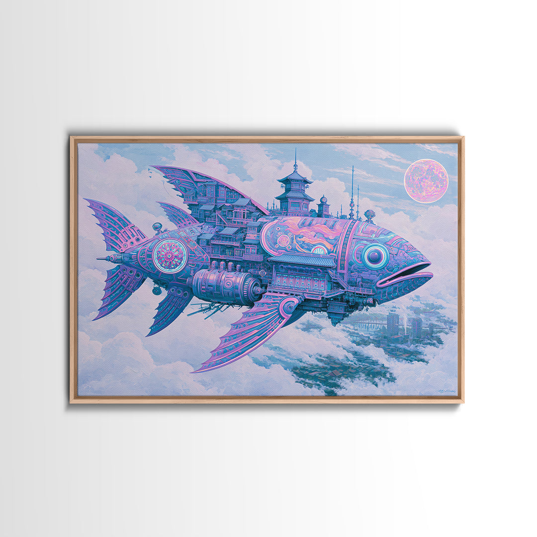 Mechanical Fish Swimming Through Clouds Framed Canvas Print, Steampunk Art, Art Nouveau, Living Room Decor, Fine Art, Mechanic, STE-3x2-2