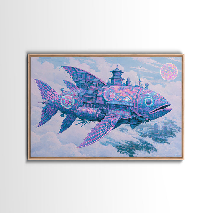 Mechanical Fish Swimming Through Clouds Framed Canvas Print, Steampunk Art, Art Nouveau, Living Room Decor, Fine Art, Mechanic, STE-3x2-2