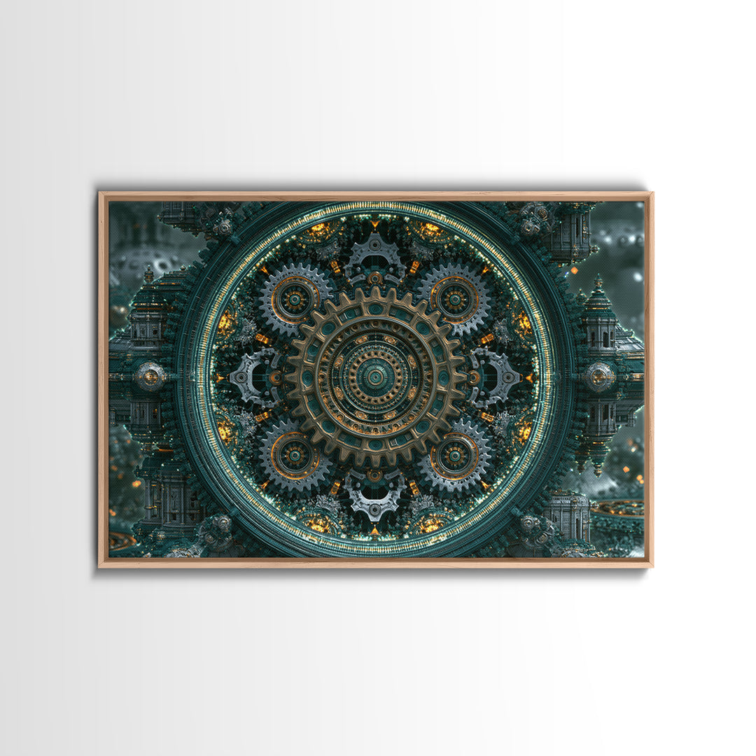 Cogwheel Mandala in Bronze and Teal Framed Canvas Print, Steampunk Art, Gothic Art, Living Room Decor, Fine Art, Mechanic, STE-3x2-20