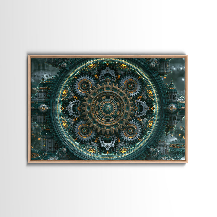 Cogwheel Mandala in Bronze and Teal Framed Canvas Print, Steampunk Art, Gothic Art, Living Room Decor, Fine Art, Mechanic, STE-3x2-20