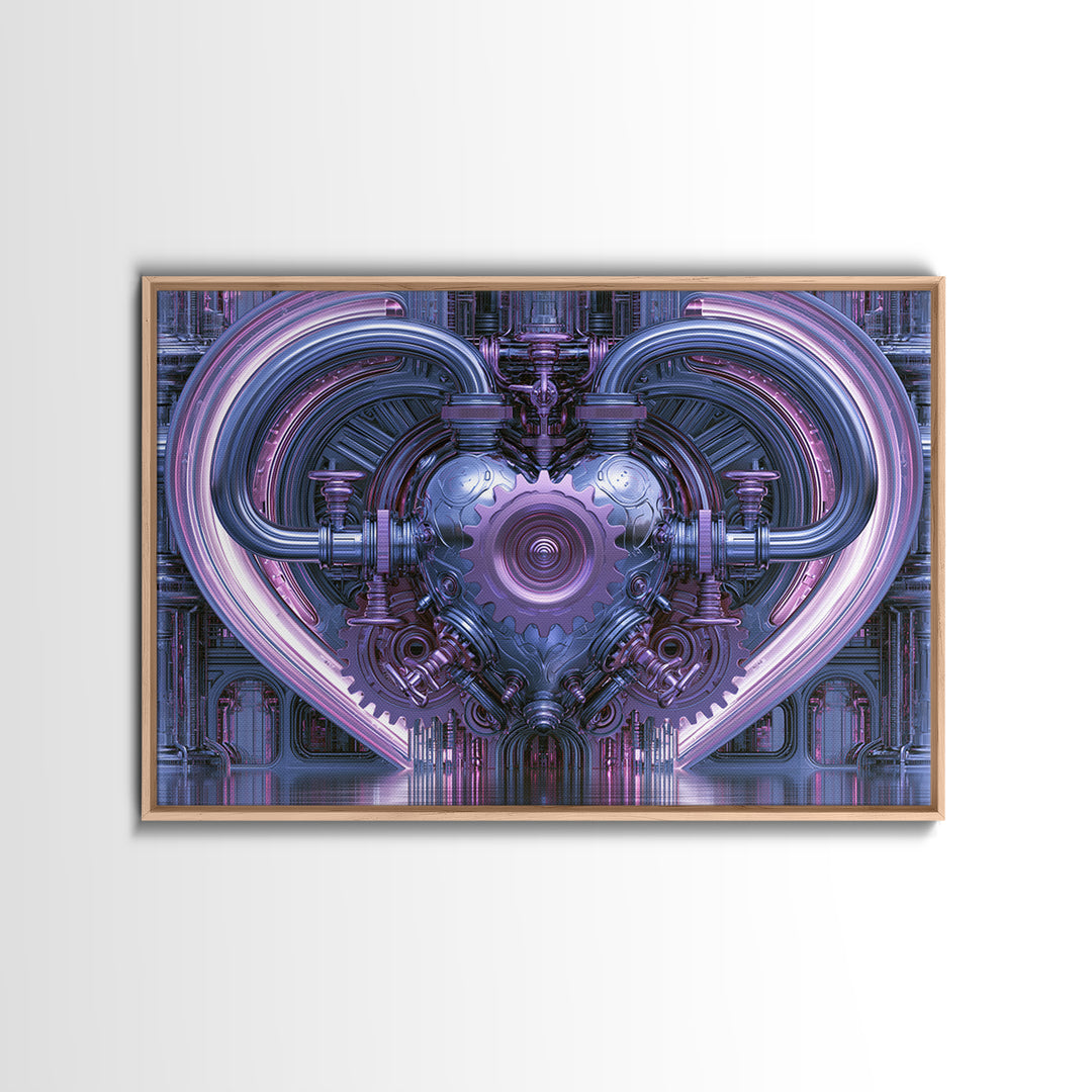 Gear Heart with Pipes and Valves Framed Canvas Print, Steampunk Art, Retro Decor, Living Room Decor, Fine Art, Mechanic, STE-3x2-24