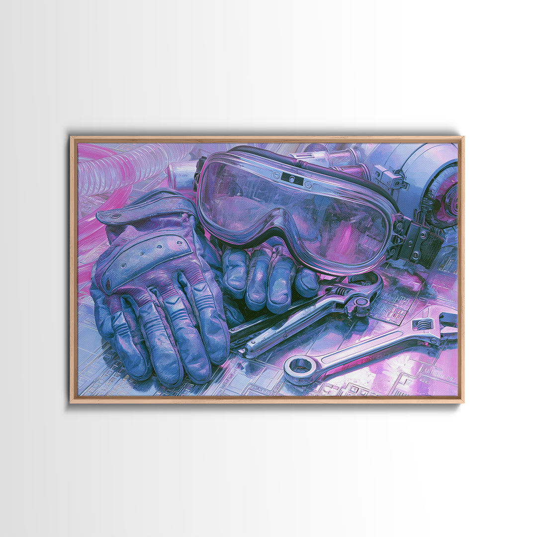 Goggles Gloves and Wrench Still Life Framed Canvas Print, Steampunk Art, Gallery Decor, Living Room Decor, Fine Art, Mechanic, STE-3x2-27