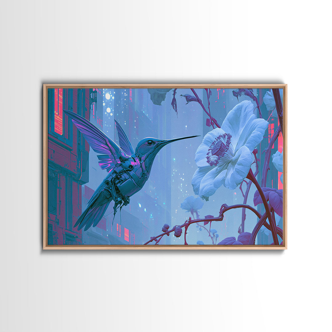 Mechanical Hummingbird Hovering Near Flower Canvas Print, Steampunk Art, Dark Art, Living Room Decor, Watercolor Art, Mechanic, STE-3x2-37