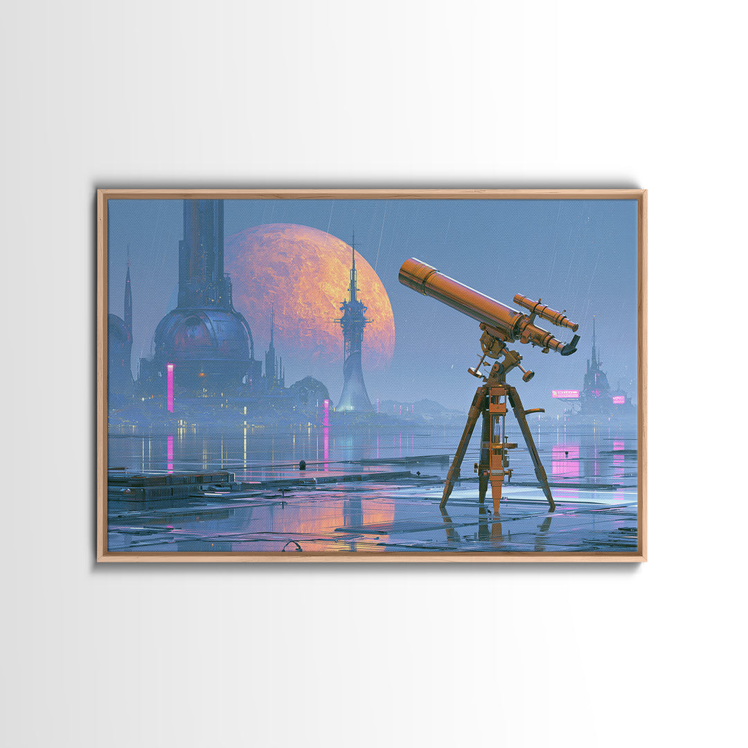 Brass Telescope Aimed at Copper Moon Canvas Print, Steampunk Art, Steampunk Lamp, Living Room Decor, Abstract Art, Mechanic, STE-3x2-52