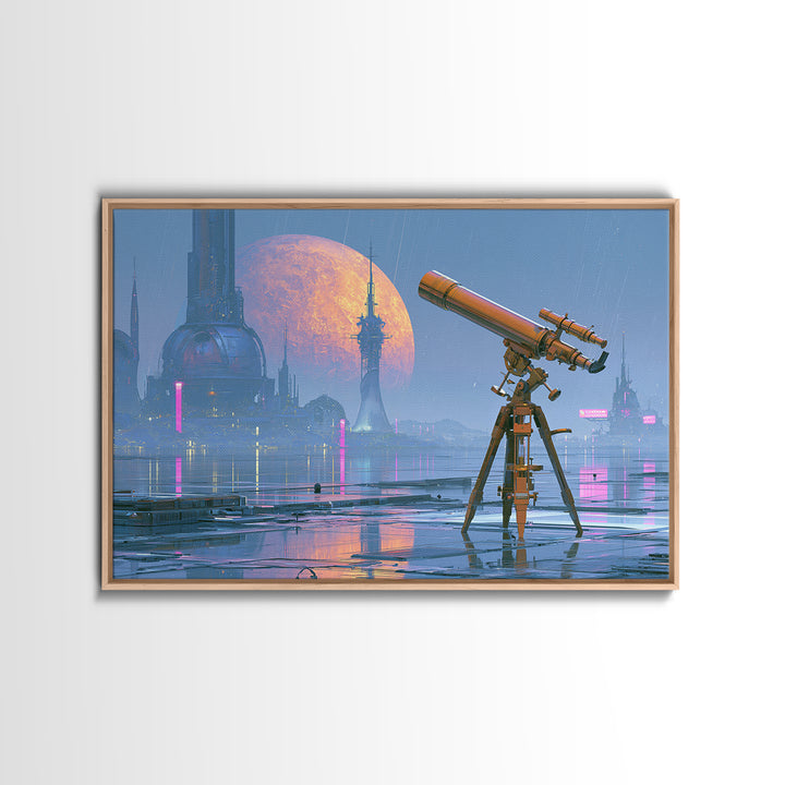 Brass Telescope Aimed at Copper Moon Canvas Print, Steampunk Art, Steampunk Lamp, Living Room Decor, Abstract Art, Mechanic, STE-3x2-52