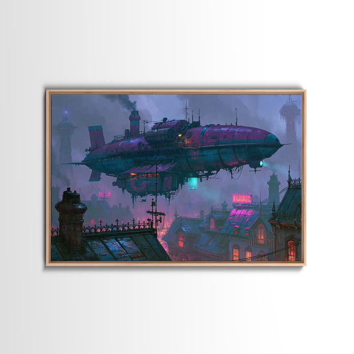 Airship Floating Above Victorian City Roofs Canvas Print, Steampunk Art, Modern Art, Living Room Decor, Fine Art, Mechanic, STE-3x2-54