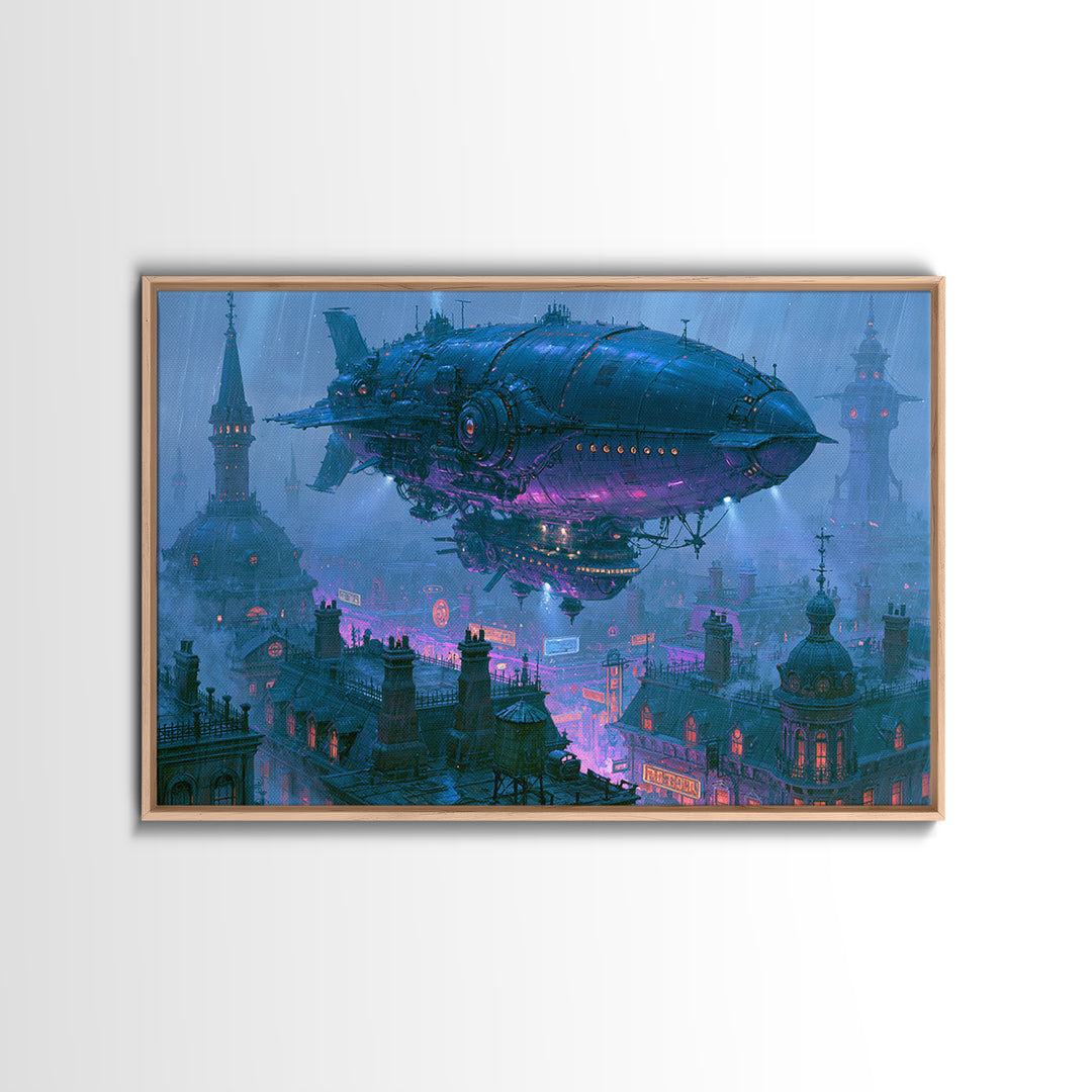 Airship Floating Above Victorian City Roofs Framed Canvas Print, Steampunk Art, Boho Wall Art, Living Room Decor, Mechanic, STE-3x2-6