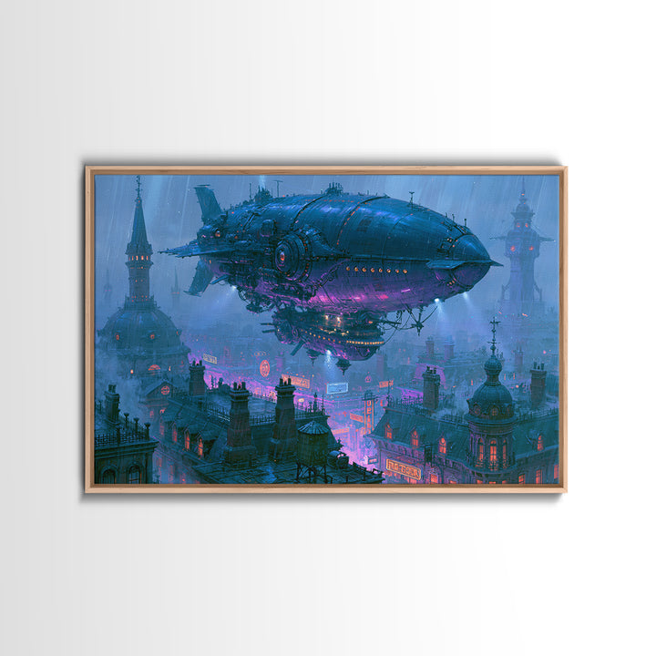 Airship Floating Above Victorian City Roofs Framed Canvas Print, Steampunk Art, Boho Wall Art, Living Room Decor, Mechanic, STE-3x2-6