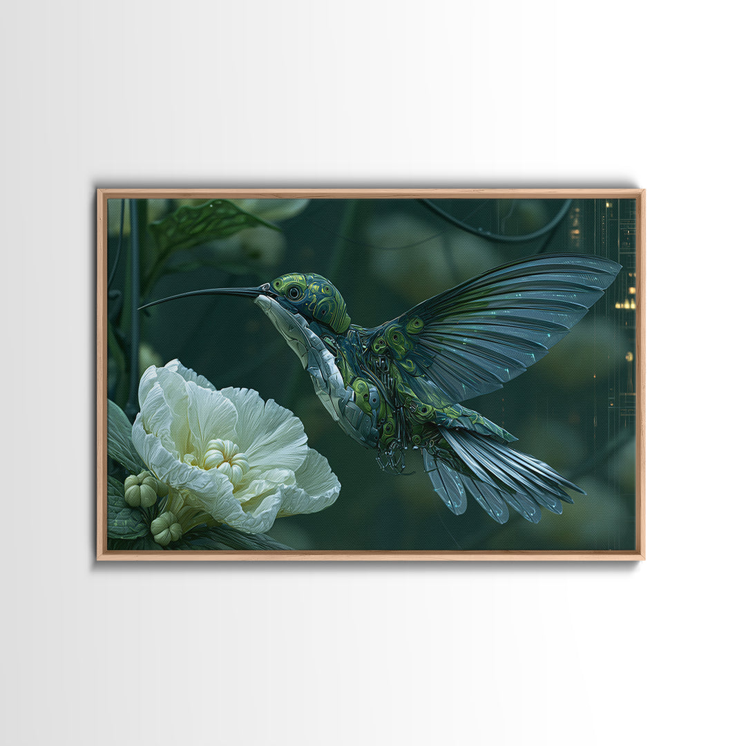 Mechanical Hummingbird Hovering Near Flower Canvas Print, Steampunk Art, Dark Art, Living Room Decor, Watercolor Art, Mechanic, STE-3x2-61