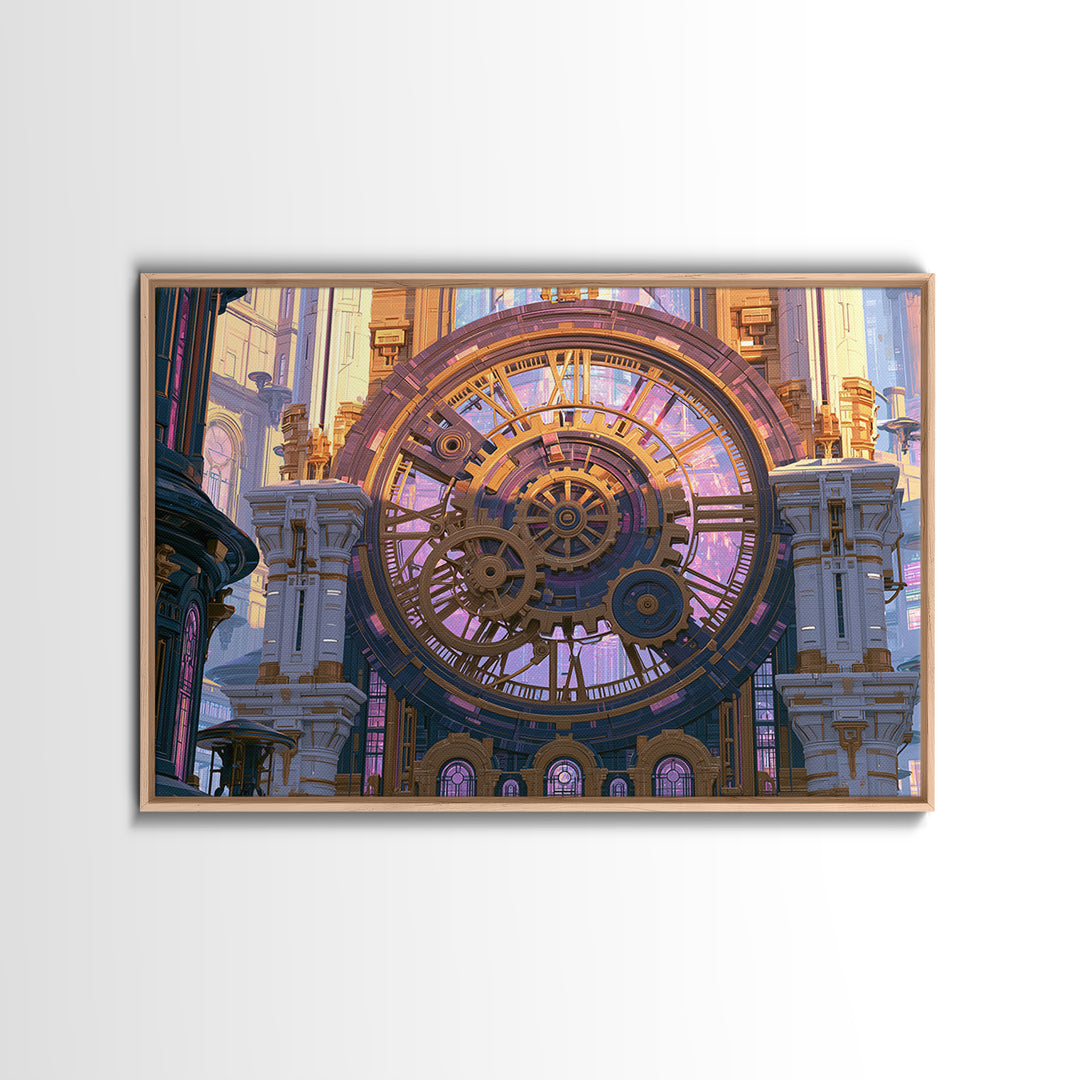 Clock Tower Gears Framed Canvas Print, Steampunk Art, Abstract Art Print, Living Room Decor, Watercolor Art, Mechanic, STE-3x2-65