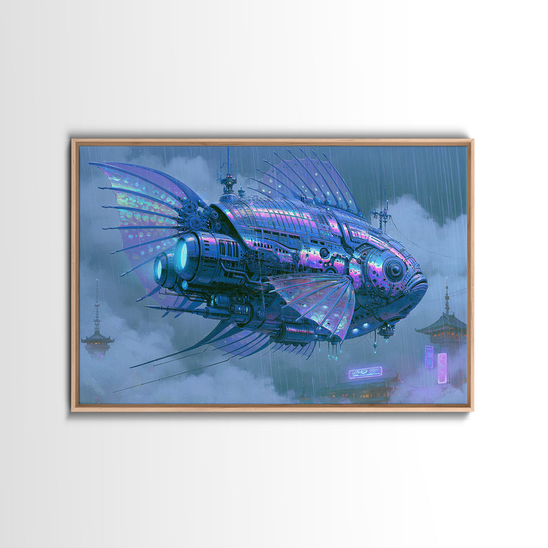 Mechanical Fish Swimming Through Clouds Framed Canvas Print, Steampunk Art, Cat Art, Living Room Decor, Oil Painting, Mechanic, STE-3x2-74
